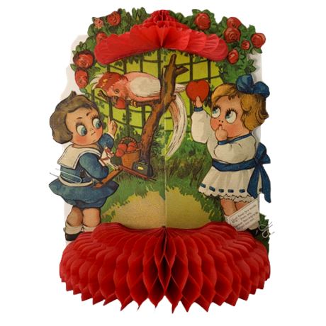 Antique Honeycomb Googly Eyed Children with Bird Stand Up Valentine