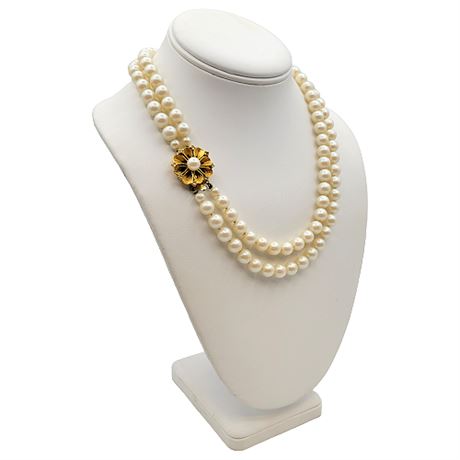 Vintage Japanese 2-Strand Faux Pearl Necklace w/ Flower Clasp