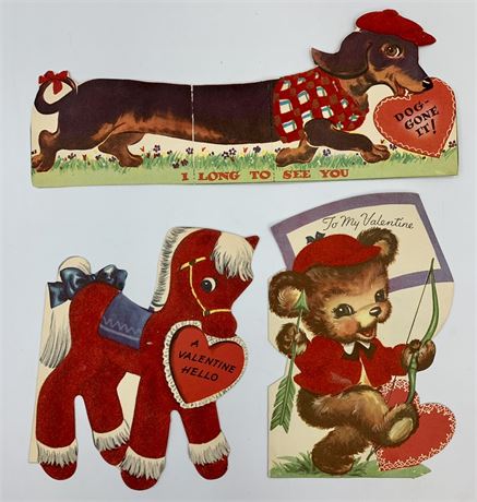 3 Flocked Vintage Valentines: Weiner Dog, Pony & Bear