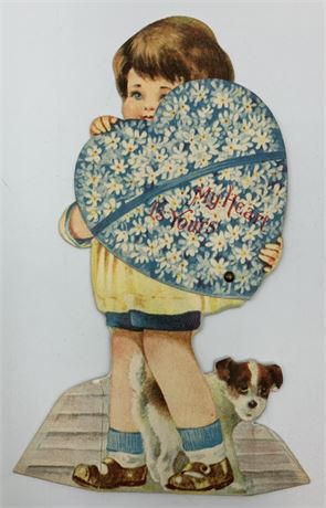 Large 6 3/4”  Vintage Mechanical Little Boy with Dog Valentine