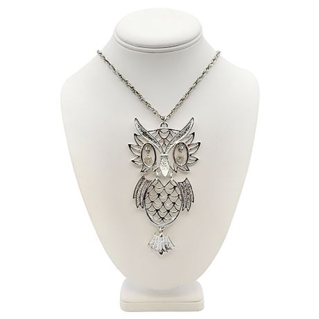 1970s Large Articulated Owl Necklace w/ Rhinestone Eyes