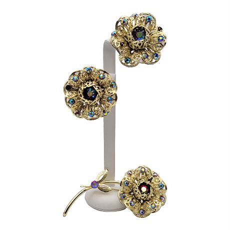 1960s Sarah Coventry Aurora Borealis Rhinestone Brooch & Clip Earrings Set