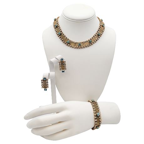 Vintage Panther Link Rhinestone Necklace, Bracelet & Screwback Earrings Set
