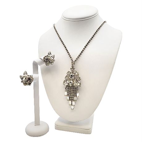 1950s Clear Rhinestone Statement Necklace/Brooch & Clip Earring Set