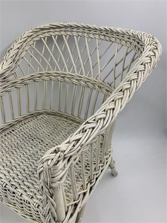 Antique Child Size White Washed Woven Wicker Porch Armchair