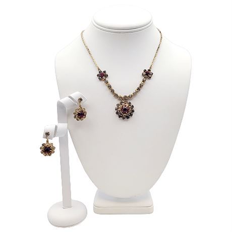 Vintage Gold Tone Rhinestone Floret Necklace & Screwback Earrings Set