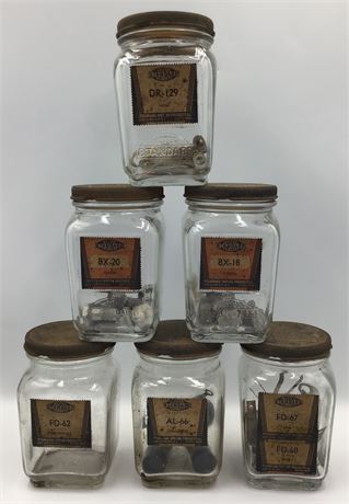 6 pc 1930s Service Station Standard Motor Products Automobile Repair Parts Jars