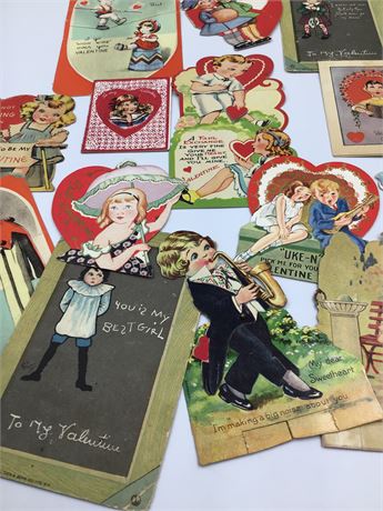 14 pc Antique & Vintage Mechanical, Stand Up, Folding Valentine Lot