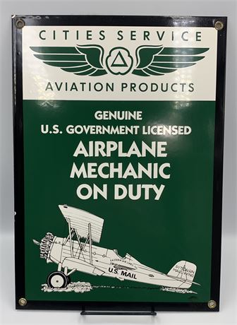 14” Aviation Products Airplane Mechanic on Duty Green Porcelain Sign
