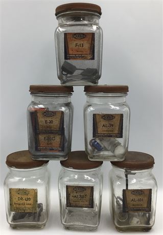 6 pc 1930s Service Station Standard Motor Products Automobile Repair Parts Jars