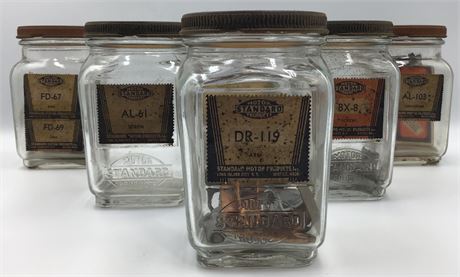 6 pc 1930s Service Station Standard Motor Products Automobile Repair Parts Jars