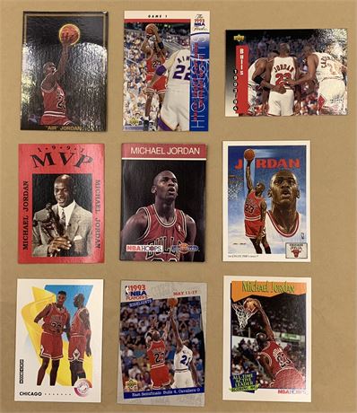 9 pc 1990-1993 Michael Jordan Basketball Trade Cards & NBA Hoops Book