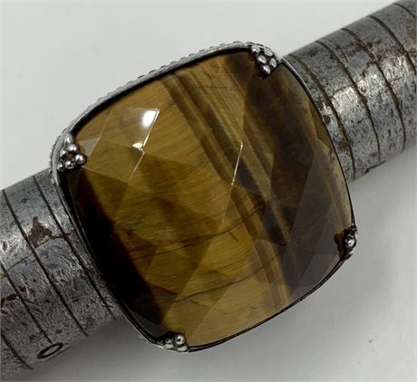 Huge 31mm Cushion Cut Faceted Tigers Eye 925 Sterling Statement Ring