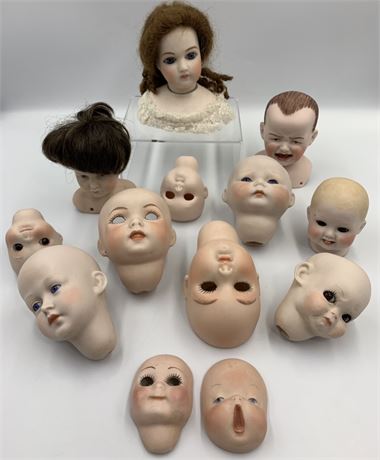 13 pc Bisque Vintage Hand Painted Doll Head Lot, Frances Reedy