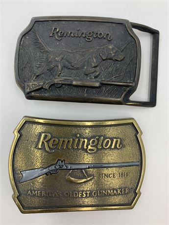 2 Vintage Remington Flintlock Rifle & Bird Dog Hunting Belt Buckles