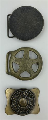 3 Vintage 1970s Brass Mayan, Folk, Levi Strauss Belt Buckles