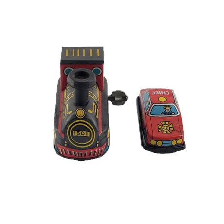 Vintage Wind-Up Black Train / Red F.D. Chief Model Vehicles