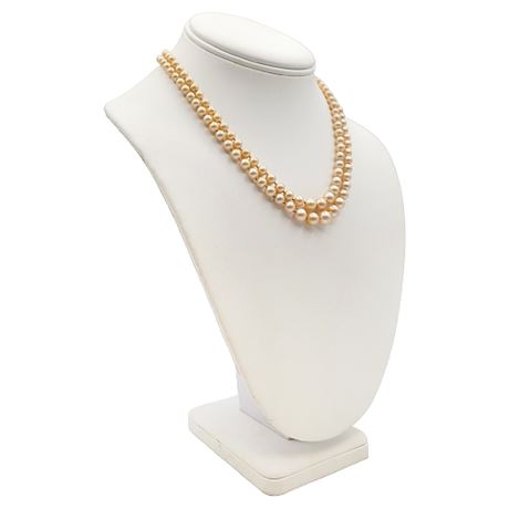 Vintage Crown Trifari Graduated 2-Strand Faux Pearl Necklace w/ Rhinestone Clasp