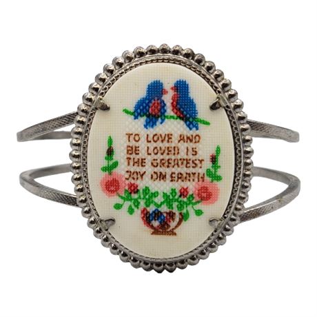 1970s Silver Tone "To Be Loved" Faux Stitchery Clamper Bracelet