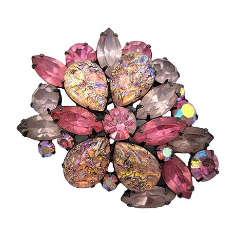 1950s Pink & Lavender Aurora Borealis & Dragon's Breath Rhinestone Brooch
