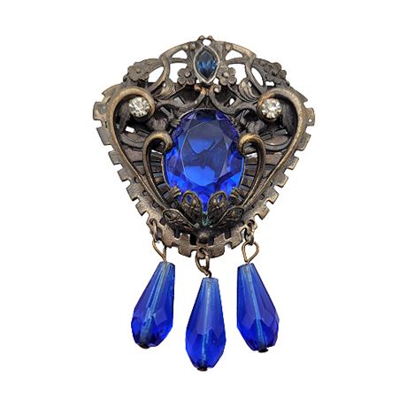 Vintage Art Nouveau Blue Glass Rhinestone Dress Clip