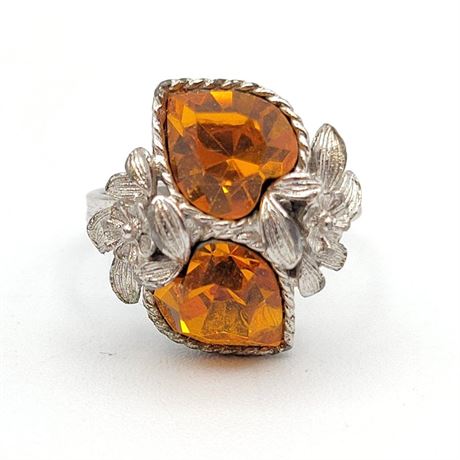 1973 Sarah Coventry Love Story Amber Hearts Adjustable Ring