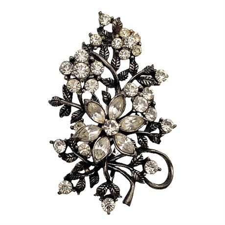 1950s Coro Silver Tone Rhinestone Flowers Brooch