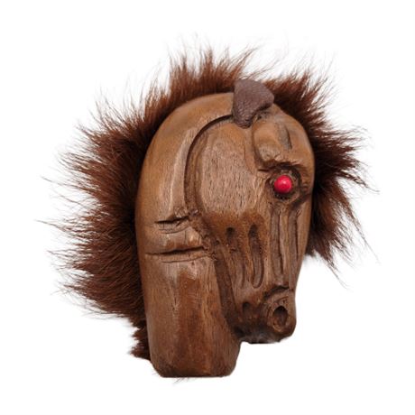 Vintage Large Hand Carved Wooden Horse Brooch w/ Real Fur Mane