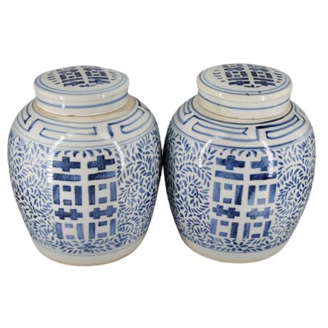 Vintage Chinese Blue & White Hand Decorated Porcelain Ginger Jars