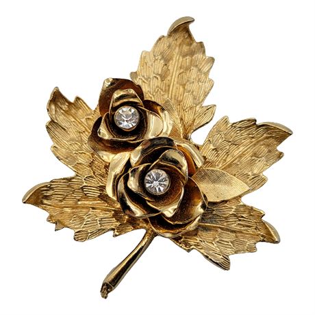 Vintage Coro Gold Tone Leaf & Flowers Rhinestone Brooch