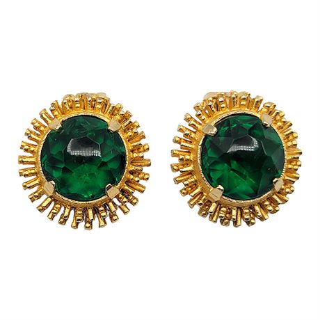1960s Kramer Gold Tone Sunburst Green Rhinestone Clip Earrings