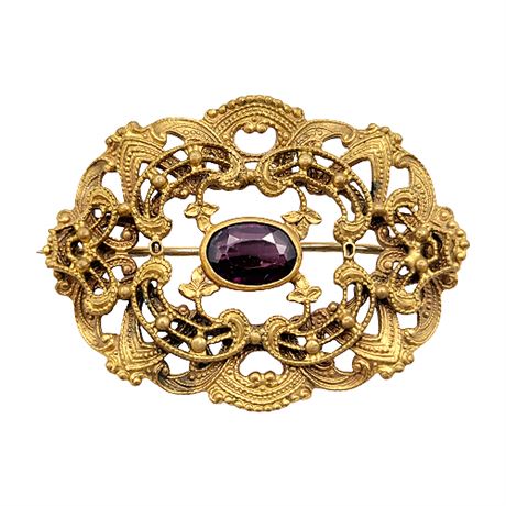 Vintage Openwork Filigree Brooch w/ Purple Rhinestone