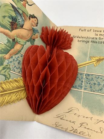 Antique 1909 German Red Honeycomb Heart Pop Up Cupid Valentine