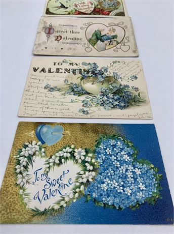 4 Antique 1910-1912 Valentine Postcard Lot, 1  and 2 cent Stamp