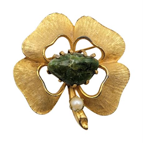 Vintage Shamrock Brooch w/ Genuine Pearl & Connemara Marble