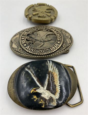 3 Vintage Eagle Tony Lama, Enamel & NRA 1871 Belt Buckles