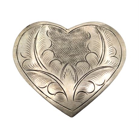 Vintage Handcrafted Etched Silver Tone Heart Brooch