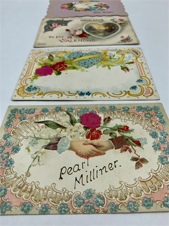 4 Antique 1910 Valentine Postcard Lot, 1 cent Stamp