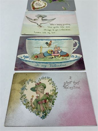 4 Antique 1906-1914 Valentine Postcard Lot, 1 cent Stamp