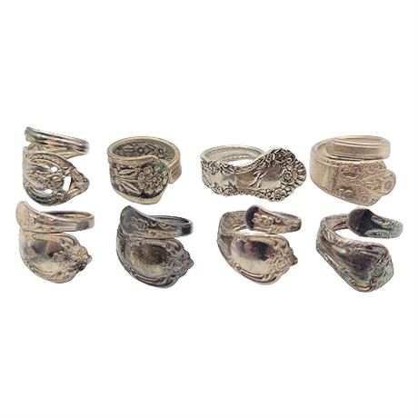 Eight Vintage Silver Plate & Silver Tone Spoon Rings