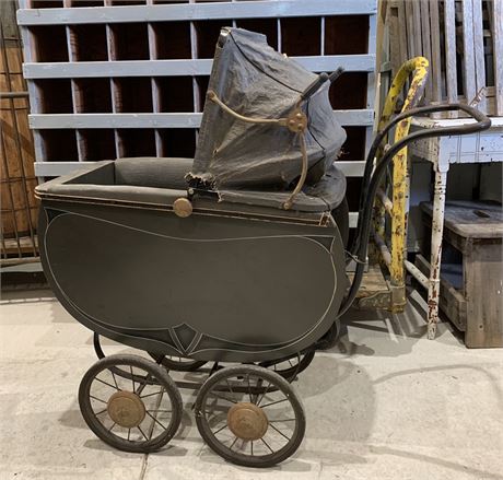 Vintage Art Deco Flip Top Black Wood Baby Carriage