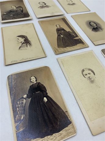 9 1860s era Ladies Carte de Visite Photographs, Tax Stamp