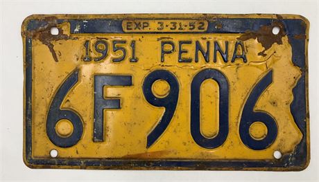 1951 Steel Pennsylvania 6F906 Automobile License Plate