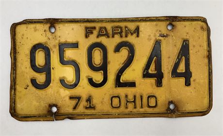 1971 Steel Ohio 959244 Farm Vehicle License Plate