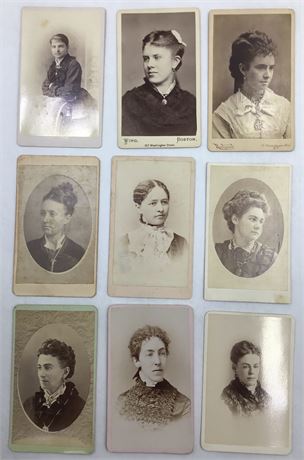 9 1870’s Victorian era Ladies Carte de Visite Photographs, NY, PA, MI, OH & MA