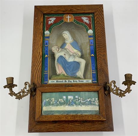 Antique Catholic Last Rites Death Prayer Altar Shadow Box with Candleholders