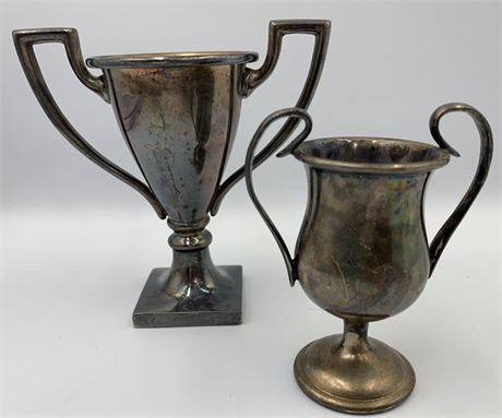 2 Art Deco Vintage Petite 4” & 3 1/4” Silver Plate Trophy Urns