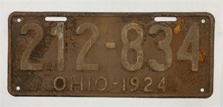 1924 14” Ohio 212-834 Steel Automobile License Plate