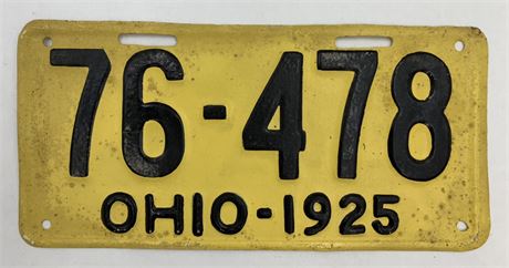 1925 Ohio 76-478 Steel Automobile License Plate