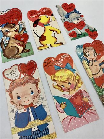 6 1950-1960s USA Made Glitter Trimmed Valentines